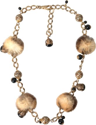 Dolce & Gabbana Gold Brass Leopard Fur Pearl Collier Chain Womens Belt