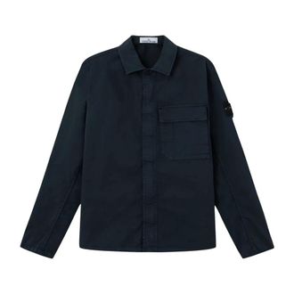 Stone Island Light Jackets, male, Blue, Size: XL Stretch Cotton Twill Overshirt