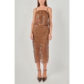 endless rose Sequin Floral Lace Midi Skirt in Dark Brown at Nordstrom, Size X-Small