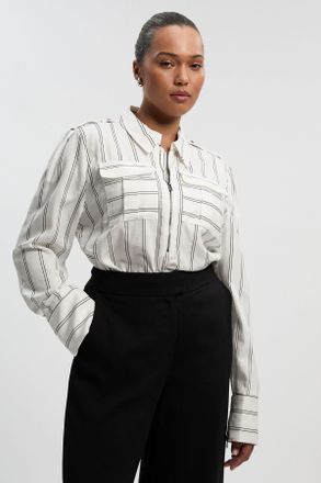 Karen Millen Womens Plus Size Bold Stripe Cotton Woven Utility Shirt - White Lyocell - Size 22 UK