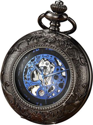 Infinity Leather Vinatage Black Mechanical Alloy Skeleton Half Hunter Pocket Watch