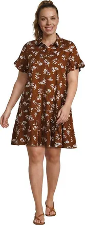 Lands End Plus Size Poplin Flutter Sleeve Knee Length Popover Dress in Rich Ginger Brown Floral at Nordstrom, Size 3X