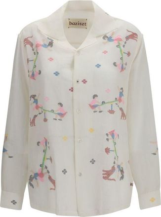 Baziszt White Cotton Pattern Womens Shirt