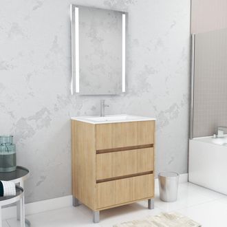 Aurlane Aurlane - Pack Mueble De Ba&ntilde;o 60cm Roble Claro 3 Cajones, Lavabo, Espejo 60x80 Con Luz Led Integrada