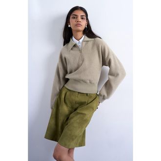 Topshop Lounge Quarter Zip Collared Pullover in Khaki Green at Nordstrom, Size Medium
