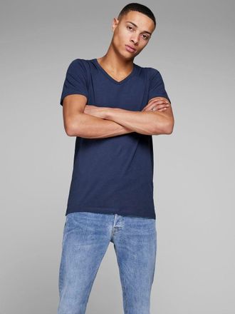 Jack & Jones T-Shirt JACK & JONES SLIM- FIT BASIC TEE V-NECK, Herren, Gr. XL, blau (navy blazer), Jersey, Obermaterial: 92% Baumwolle, 8% Elasthan, unifarben, schm