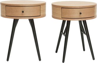 Miliboo Set De 2 Mesillas De Noche Redondas Con Caj&oacute;n De Madera Clara Y Metal Negro Koral