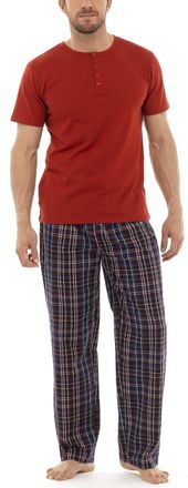Tom Franks Mens Checked Cotton Mix T-Shirt Long Pyjamas Red L