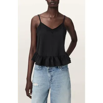AllSaints Georgia Lace Trim Peplum Camisole in Black at Nordstrom, Size 4