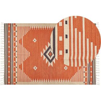 Beliani Alfombra Kilim De Algod&oacute;n Naranja Beige Marr&oacute;n 200 X 300 Cm Geom&eacute;trico Borlas Gavar