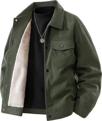 Generic Mens Corduroy Fleece Jacket - Winter Thermal Warm Cargo Coat, Thick Outwear, Long Sleeve Lapel Collar Button Down, Pockets, Cotton Sherpa Trucker Bomb