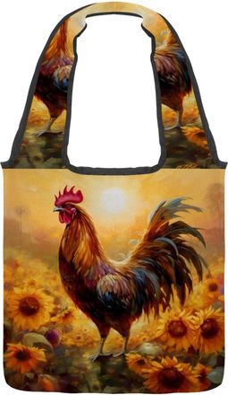 Generic Rooster Sunflower Sunset Reversible Canvas Shoulder Tote - Double-Sided Print, 12oz Cotton, 27cm Drop, Fold-Flat Bag for Travel, Shopping, Street Outi