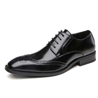 Generic Oxford Dress Shoes for Men Lace Up Burnished Toe Wing Tip Brogue Cowhide Slip Resistant Block Heel Anti-Slip Classic(Black,6.5 UK)