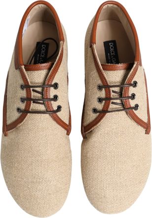 Dolce & Gabbana Beige Canvas Lace-Up Men Dress Derby Shoes With Leather Trim