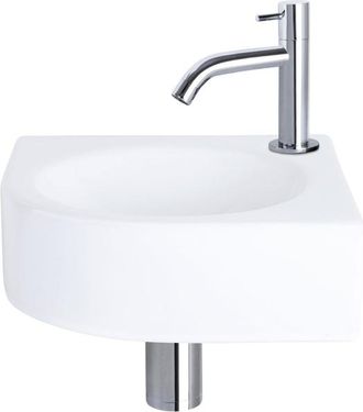 Differnz Cleo fonteinset - 30x30x10cm - Kwartrond - 1 kraangat - Gebogen chromen kraan - Keramiek Wit