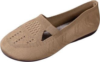 Generic Khaki Womens Work Shoes Style Flying Woven Solid Color Round Toe with Breathable Low Top Shallow Mouth Soft Bottom Flat Comfortable Walking Shoes Mesh