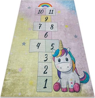 RugsX Alfombra Lavable Bambino 54060 Unicornio, N&uacute;meros Para Ni&ntilde;os Antideslizante - Rosado / Amarillo Multicolour 200x290 Cm