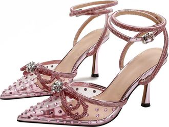 Generic Heel Sandals for Women 8.5CM Pointed toe Sexy Ankle Strap Transparent TPU Rhinestones Bow Party Dress Heel (Pink,10.5)