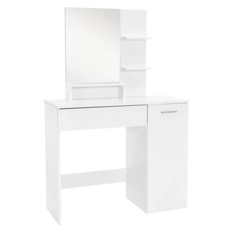 ML Design Tocador con espejo, taburete y compartimentos blanco 90 x 38 x 138 cm