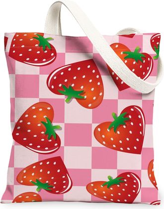Generic Strawberry Pattern Canvas Tote Bag, Cute Fruit Design Reusable Grocery Bags, Summer Lightweight Washable Shoulder Strap Can, Peach, 13x15 Inch