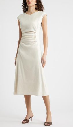 Nordstrom Linen Blend Ruched Midi Dress in Ivory Birch at Nordstrom, Size Xx-Large