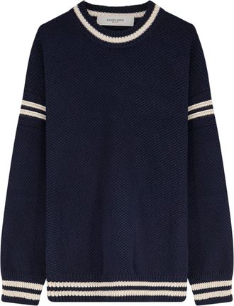 Golden Goose Navy Distressed Logo Textured Striped Sweater