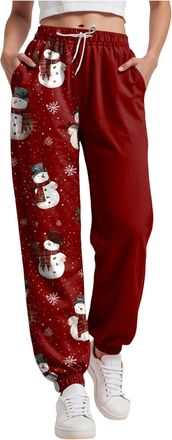 Generic Christmas Sweatpants Christmas Joggers for Women UK High Waist Baggy Trousers Funny Snowman Print Holiday Sweatpants Oversized Xmas Drawstring Jogger 