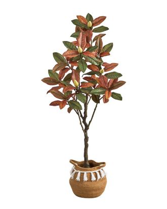 Nearly Natural 5Ft Artificial Fall Magnolia Tree With Handmade Tassel Basket