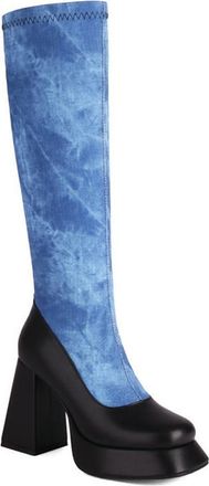 Generic Womens Fashion Denim Patchwork Knee High Boots Block Heels Platform Square Toe Pull On Stretch Shoes with Side Zipper (5.5,Blue)