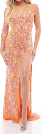 Jasz Couture V-Neck Floral Beaded Gown In Orange