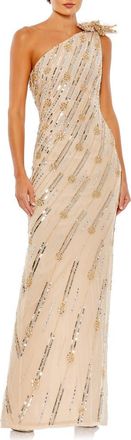 Mac Duggal Embellished Floral Detail One Shoulder Gown in Nude Gold at Nordstrom, Size 12