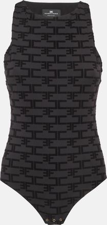 Elisabetta Franchi Black Logo Flocked Stretch Knit Tank Bodysuit