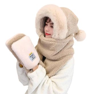 Generic Aka Scarves Christmas Women Woolen Three In One Hooded Cap Earflap Hat Long Scarf Gloves Set Teething Scarf for Mom (A, One Size)