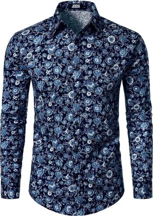 JOGAL Mens Regular fit Floral Dress Shirt Long Sleeve Printed Casual Button Down Shirts Navy Blue XX-Large