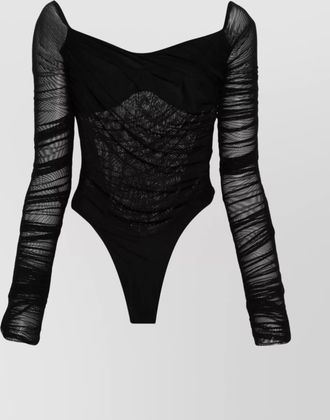 MUGLER sheer ruched sleeves off-shoulder top