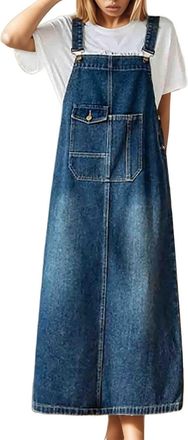Generic Womens Casual Suspender Dress Loose Sleeveless Denim Overall Jumpsuit Long Pinafore Dungarees with Adjustable Straps and Pockets, Comfort Fit Long Len