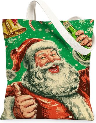 Generic Christmas Santa Canvas Tote Bags, Holiday Art Pattern Reusable Grocery Bags, Vintage Lightweight Washable Shoulder Strap Canvas for Travel 13x15 Inch