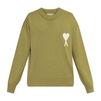 Ami Round-neck Knitwear, male, Green, Size: 3XL De Coeur Crewneck Sweater