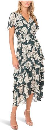 Vince Camuto Elbow Sleeve Smocked Waist Tiered Maxi Dress Womens Dress Forest Night : XS, Polyester