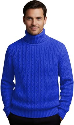 Janisramone Mens High Polo Roll Neck Jumper Long Sleeve Cable Knitted Casual Winter Sweater Pullover Royal Blue
