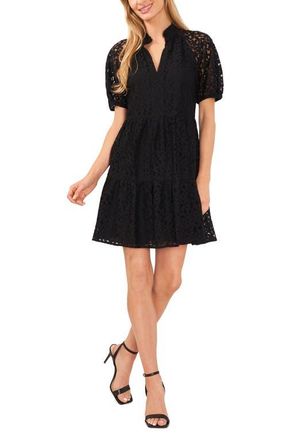 CeCe by Cynthia Steffe Puff Sleeve Babydoll Lace Minidress in Rich Black at Nordstrom, Size Xx-Small