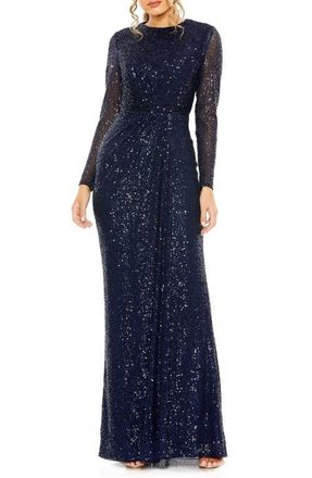 Mac Duggal Womens Long Sleeve Sequin Column Gown with Side Knot in Midnight at Nordstrom, Size 14