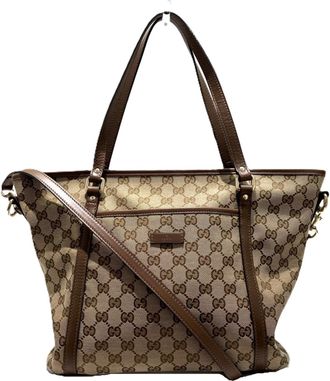 Gucci Beige Brown Canvas Leather Tote Bag (Pre-Owned)