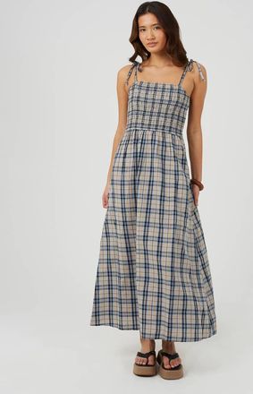 Brave Soul Vestito grembiule midi blu a quadri con spalline sottili