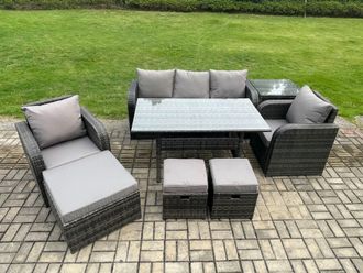 Fimous 8 Pcs Rattan Outdoor Garden Furniture Set Rectangular Dining Table & Chair Sofa Set With Side Table 3 Footstools in Dark Grey