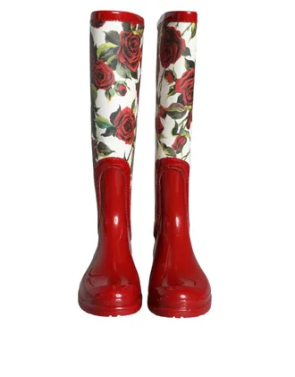 Dolce & Gabbana Red Floral Rubber Knee High Flat Boots Womens Shoes