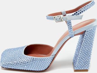 Amina Muaddi Blue Satin Crystal Embellished Charlotte Mary Jane Pumps