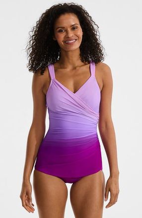 Lands End SlenderSuit V-Neck Skirted Low Leg One Piece in Crimson Rose/purple Ombre at Nordstrom, Size 10 Tall