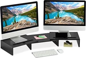 Relaxdays Monitorständer für 2 Monitore, ausziehbar, verstellbar, Monitorerhöhung Schreibtisch, PC Organizer, schwarz, 1 Stück