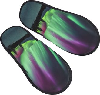 Generic Autumn Winter Aurora Borealis Print Fuzzy Slippers Comfortable House Shoes Portable Hotel Travel Gifts for Women Men, Black/White, 4.5 UK